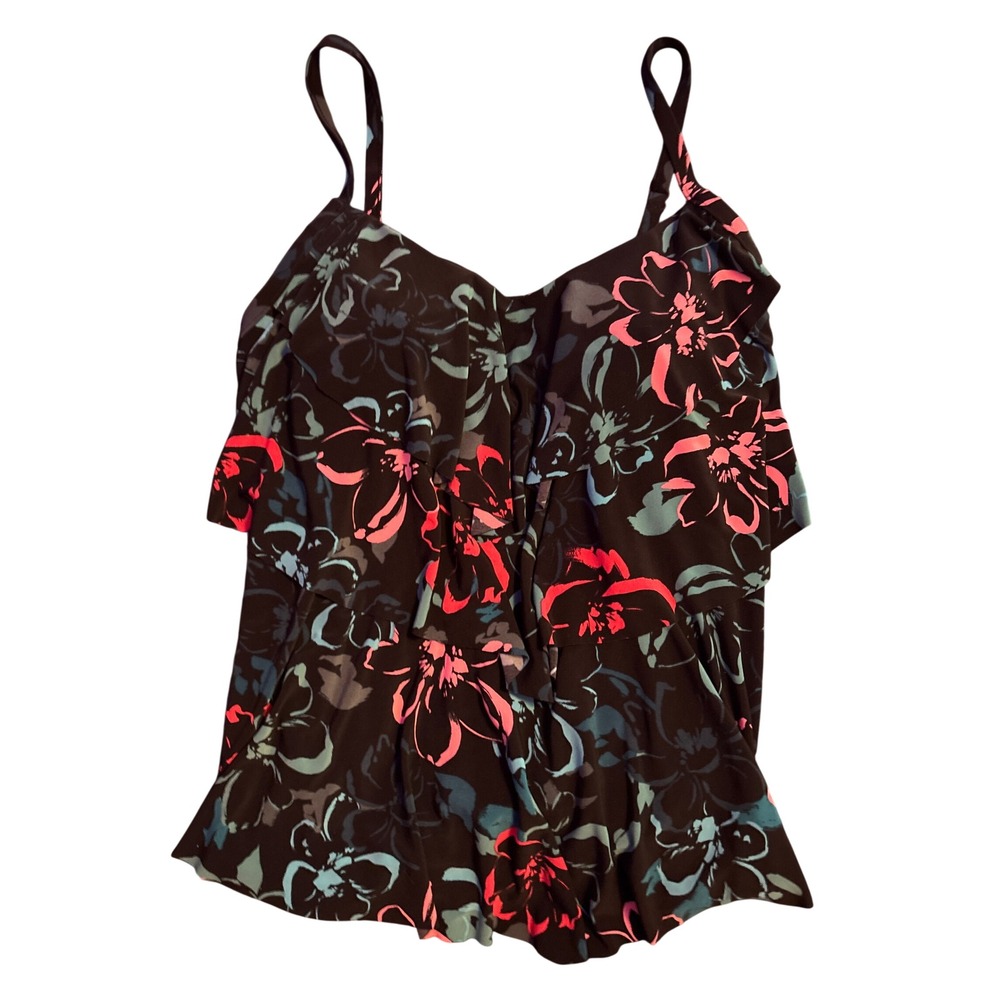 Aqua Green Floral Tiered Ruffle Tankini Swim Top Black Plus Size 1X